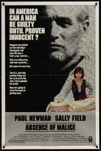 6c026 ABSENCE OF MALICE 1sh '81 Paul Newman, Sally Field, Sydney Pollack, cool design!