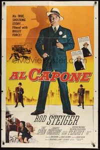 6c036 AL CAPONE 1sh '59 cool comparison of Rod Steiger to the most notorious gangster, Brown art!