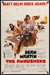6c046 AMBUSHERS 1sh '67 art of Dean Martin as Matt Helm with sexy Slaygirls on motorcycle!