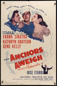 6c050 ANCHORS AWEIGH 1sh R55 art of sailors Frank Sinatra & Gene Kelly with Kathryn Grayson!