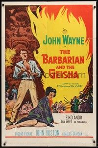 6c070 BARBARIAN & THE GEISHA 1sh '58 John Huston, art of John Wayne with torch & Eiko Ando!