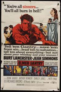 6c250 ELMER GANTRY 1sh '60 Jean Simmons, Shirley Jones, Patti Page, Burt Lancaster in title role!
