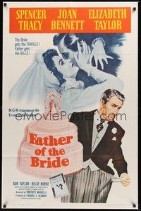 6c279 FATHER OF THE BRIDE 1sh R62 art of Liz Taylor in wedding gown & broke Spencer Tracy!