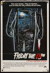 6c327 FRIDAY THE 13th 1sh '80 great Alex Ebel art, slasher horror classic, 24 hours of terror!