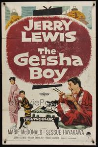 6c342 GEISHA BOY 1sh '58 screwy Jerry Lewis visits Japan, cool paper lantern art!