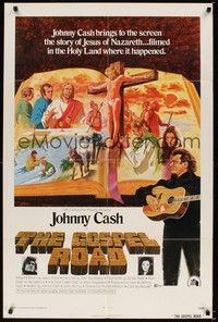 6c369 GOSPEL ROAD 1sh '73 artwork of Biblical Johnny Cash with guitar & scenes of Jesus!
