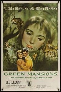 6c382 GREEN MANSIONS 1sh '59 cool art of Audrey Hepburn & Anthony Perkins by Joseph Smith!