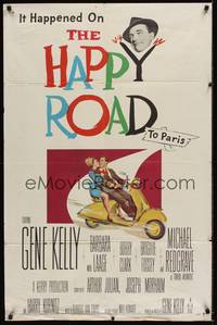 6c403 HAPPY ROAD 1sh '57 romantic art of Gene Kelly & Barbara Laage riding & kissing on Vespa!