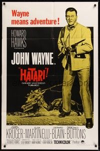 6c405 HATARI 1sh R67 Howard Hawks, great full-length John Wayne with rifle in Africa!