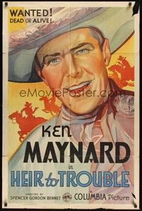 6c411 HEIR TO TROUBLE 1sh '35 stone litho art of cowboy Ken Maynard, wanted dead or alive!