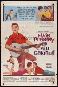 6c479 KID GALAHAD 1sh '62 art of Elvis Presley singing with guitar, boxing, and romancing!