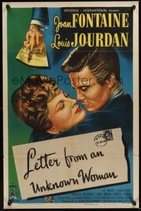 6c517 LETTER FROM AN UNKNOWN WOMAN 1sh '48 romantic close up art of Joan Fontaine & Louis Jourdan!