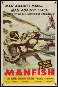 6c569 MANFISH 1sh '56 aqua-lung divers in death struggle with each other & sea creatures!
