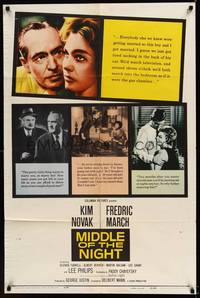 6c589 MIDDLE OF THE NIGHT 1sh '59 sexy young Kim Novak is involved with much older Fredric March!