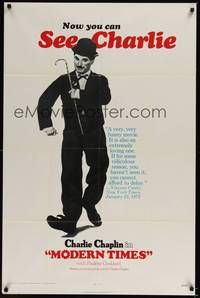 6c597 MODERN TIMES 1sh R72 great image of Charlie Chaplin walking with cane!