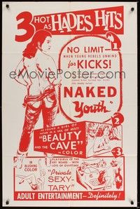 6c635 NAKED YOUTH/BEAUTY & THE CAVE/PRIVATE SEXY-TARY 1sh '60s sexy triple bill!