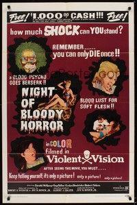 6c641 NIGHT OF BLOODY HORROR 1sh '69 Gerald McRaney, Gaye Yellen, how much shock can you stand?