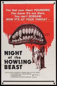 6c642 NIGHT OF THE HOWLING BEAST 1sh '77 Paul Naschy, art of bloody teeth & sexy girls in bondage!
