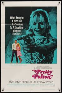 6c732 PRETTY POISON 1sh '68 psycho Anthony Perkins, huge close-up of crazy Tuesday Weld w/gun!