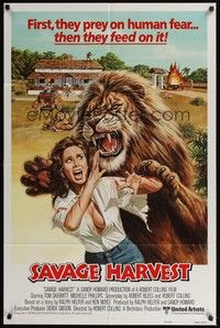 6c789 SAVAGE HARVEST int'l 1sh '81 artwork of wild lion attacking girl!