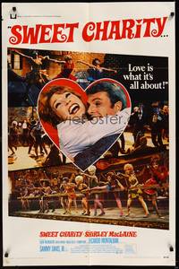 6c886 SWEET CHARITY 1sh '69 Bob Fosse musical starring Shirley MacLaine, it's all about love!