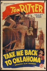 6c889 TAKE ME BACK TO OKLAHOMA 1sh R48 cowboy Tex Ritter catches bad guy on stagecoach!