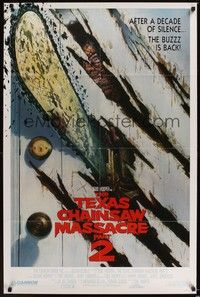 6c901 TEXAS CHAINSAW MASSACRE PART 2 door style linen 1sh '86 Tobe Hooper horror sequel, Huston art!