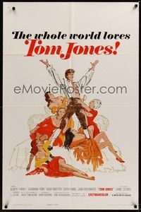 6c927 TOM JONES int'l 1sh '63 artwork of Albert Finney surrounded by five sexy women on bed!