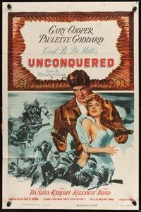 6c944 UNCONQUERED 1sh R55 art of Gary Cooper with sexy Paulette Goddard & two guns!