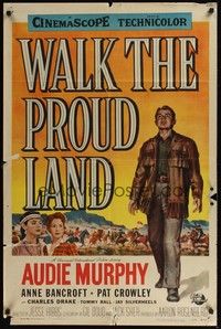 6c961 WALK THE PROUD LAND 1sh '56 art of Audie Murphy, Native American Anne Bancroft!
