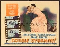 6d275 DOUBLE DYNAMITE LC #1 '51 sexy Jane Russell sits on Frank Sinatra's lap trying to kiss him!
