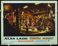 6d281 DRUM BEAT LC #2 '54 Alan Ladd surrounded by Native American Indians in cabin, Delmer Daves