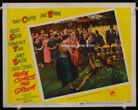 6d358 HERE COMES THE GROOM LC #2 '51 Bing Crosby & crowd laugh as Jane Wyman pushed into a bush!