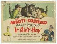 6d043 IT AIN'T HAY TC '43 wacky art of Bud Abbott & Lou Costello in bed with horse!