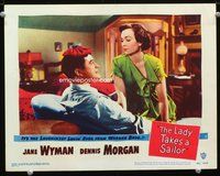 6d411 LADY TAKES A SAILOR LC #7 '49 Jane Wyman tends to Dennis Morgan w/ water bottle on his head!
