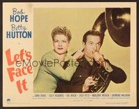6d418 LET'S FACE IT LC '43 great comic close up of Betty Hutton with Bob Hope playing tuba!