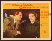 6d438 MAGNIFICENT OBSESSION LC #4 '54 close up of concerned Jane Wyman & Rock Hudson in car!