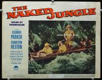 6d479 NAKED JUNGLE LC #1 '54 Charlton Heston & Eleanor Parker in canoe with natives, George Pal