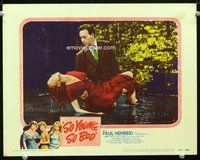 6d566 SO YOUNG, SO BAD LC #6 '50 c/u of Paul Henreid carrying unconscious bad girl in water!