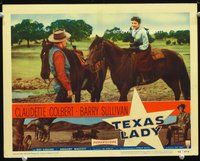 6d604 TEXAS LADY LC #7 '55 cowboy Barry Sullivan looks at Claudette Colbert on her horse!