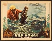 6d661 WILD WOMEN OF BORNEO LC '32 man fighting gator in river, border art of topless natives!