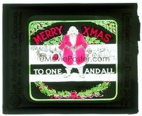 6e131 MERRY XMAS glass slide '20s cool art of Santa Claus doffing his hat & with sleigh!