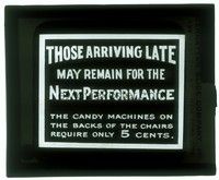 6e141 THOSE ARRIVING LATE glass slide '20s cool ad for candy machines on back of seats!
