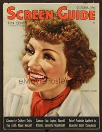 6e095 SCREEN GUIDE magazine October 1941 smiling portrait of Claudette Colbert by Jack Albin!
