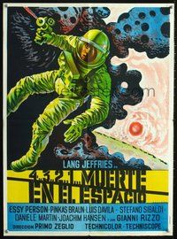 6f204 MISSION STARDUST Argentinean 20x28 '67 Italian sci-fi, cool art of astronaut shooting laser!