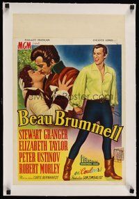 6f082 BEAU BRUMMELL linen Belgian '54 art of full-length Stewart Granger & kissing Liz Taylor!