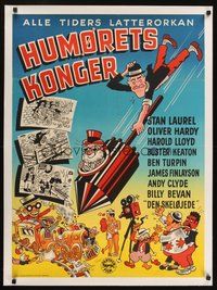 6f061 HUMORETS KONGER linen Danish '55 wonderful cartoon art montage of the kings of comedy!