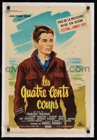 6f045 400 BLOWS linen French 15x21 '59 art of Leaud as young Francois Truffaut by Boris Grinsson!