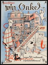 6g231 MON ONCLE Danish '58 My Uncle, wacky different art of Jacques Tati as Mr. Hulot!