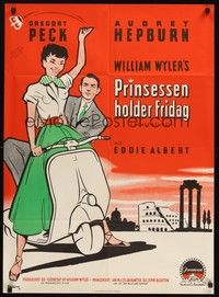 6g240 ROMAN HOLIDAY Danish '54 Stilling art of Audrey Hepburn & Gregory Peck riding on Vespa!